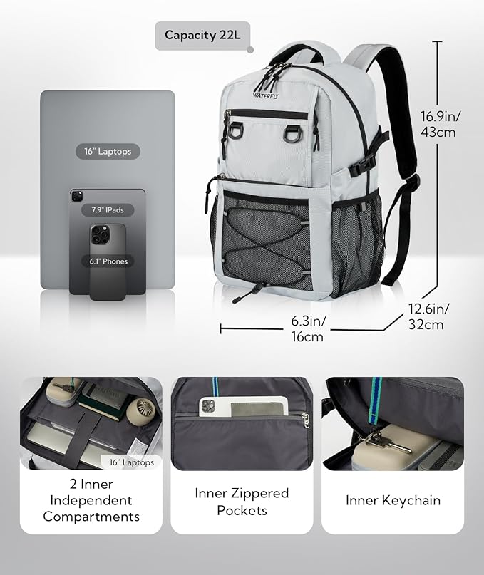 WATERFLY Travel Hiking Casual Backpack: 22L Lightweight Everyday Outdoor City Daypack College Bookbag for Woman Man