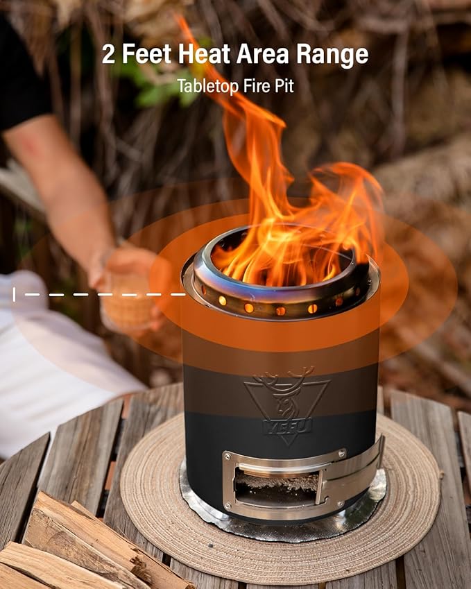 YEFU Tabletop Fire Pit 9.7 x 7.1 in, Flame Intensity Control Camping Stove for Outdoor & Patio, Fueled by Pellets or Wood, Safe Burning Table Top Firepit, with Travel Bag & 2 Mini Sticks, Black