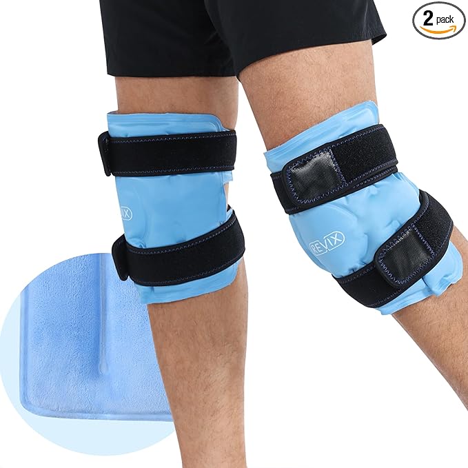 REVIX ice Wraps for Knee Discomfort, Gel Ice Packs Reusable with Cold Compression, Knee Cold Pack to Relax Sore Muscles and Joints, Plush Cover and Hands-Free Application, A Set of Two