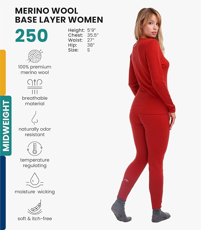 Merino.tech Merino Wool Base Layer Women Set - Heavyweight, Lite, Midweight Merino Thermal Underwear For Women Top, Bottom