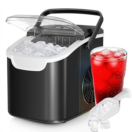 Ice Makers Countertop, 8pcs/ 6mins with 2 Sizes, Self-Cleaning, 26.5Lbs/Day Quiet Portable Mini Ice Machine with Basket/Scoop, Energy Saving for Home/Office/Kitchen/RV, Black