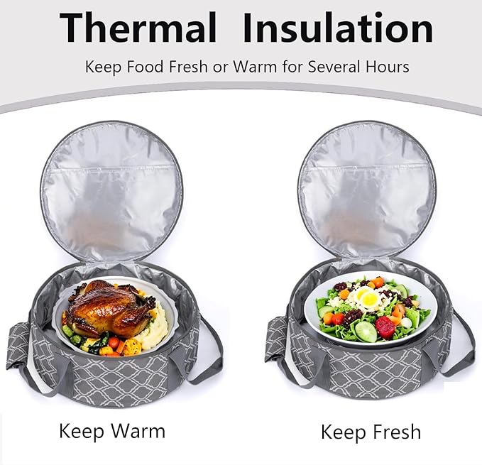 Round Portable Insulated Thermal Dish Carrier Bag for Pie and Cake Transport to Keep Food Hot/Cold/Fresh for Lunch, Potlucks Parties Gathering,Cookouts,Church Dinner,Outdoor Events-Sliver Grey