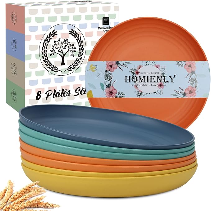 Homienly Deep Dinner Plates Set of 8 Alternative for Plastic Microwave and Dishwasher Safe Wheat Straw Kitchen Unbreakable Kids with 4 Colors (Colorful, 11 inch) (Deep plates-8)