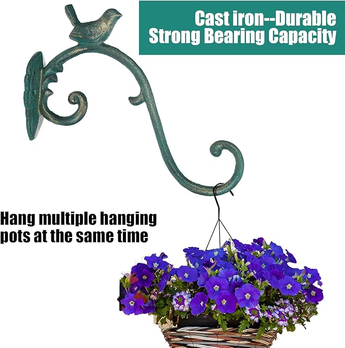 Moxweyeni 2 Pcs Cast Iron Plant Hangers Outdoor 10" Heavy Duty Hanging Basket Brackets Lovely Bird Shape Decorative Wall Hangers for Flower Pots Bird Feeder Wind Chime Lantern(Golden Green)