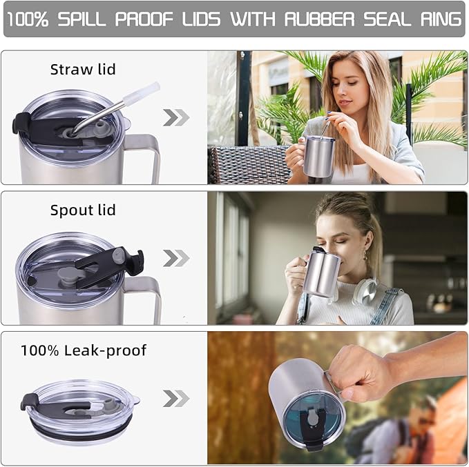 Volhoply 12oz Insulated Leakproof Coffee Mug with Flip & Straw Lid Bulk 4 Pack,Double Wall Vacuum Stainless Steel Travel Tumbler Cup with Handle,Camping Mugs Keep Cold/Hot(Silver,4 Set)