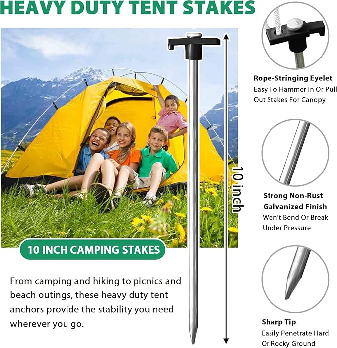 Eurmax USA Galvanized Non-Rust Camping Family Tent Pop Up Tent Stakes Canopy Anchors Heavy Duty 10pc-Pack, with 4x10ft Ropes & 1 Stopper(Black)