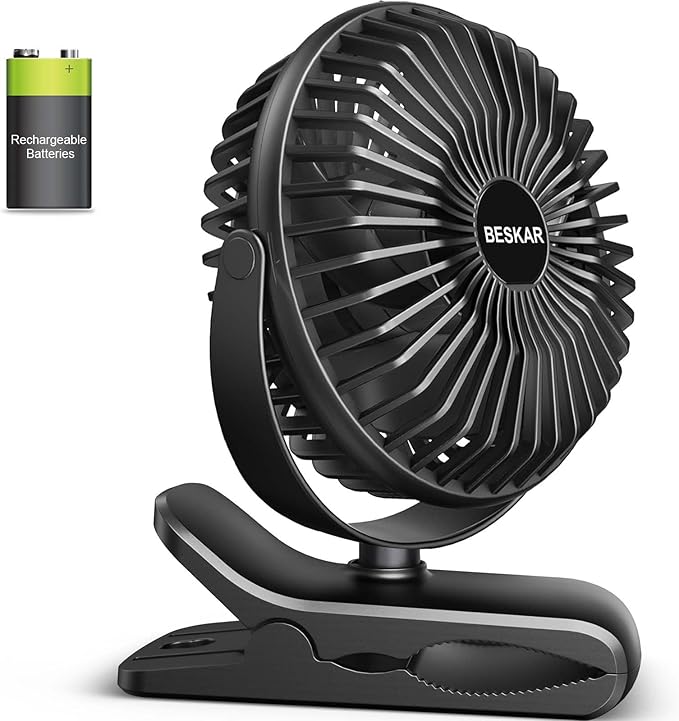 BESKAR Portable Clip on Fan Rechargeable, 4 Speeds Small Battery Operated Fan, USB Desk Fan with Strong Airflow, Sturdy Clamp for Golf Cart Office Outdoor Travel Camping