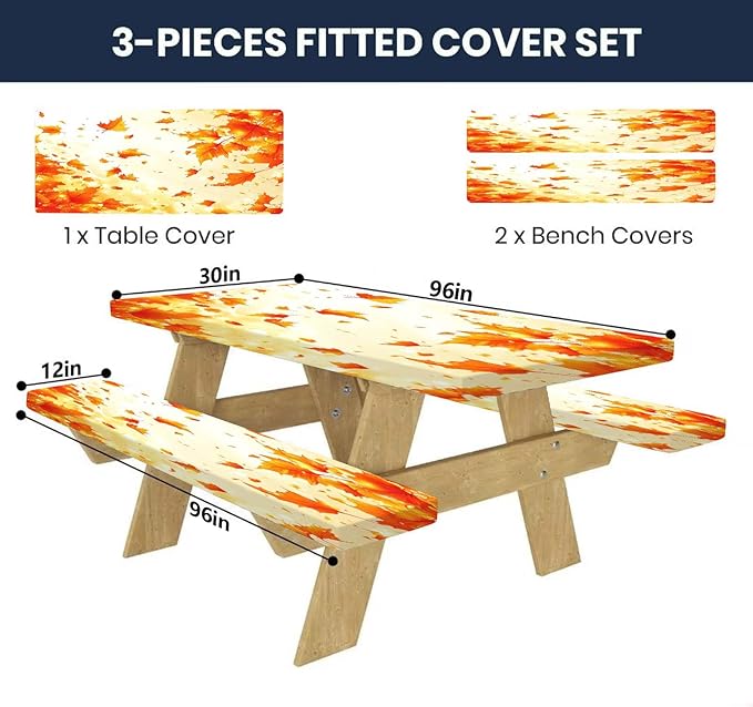 CAPSCEOLL Fitted Picnic Table Cover with Bench Covers with Elastic 8Ft Waterproof Camping Picnic Table Cover Cloths for Outdoors Camping Tablecloth with Drawstring Bag, 96X30in, Fall Maple