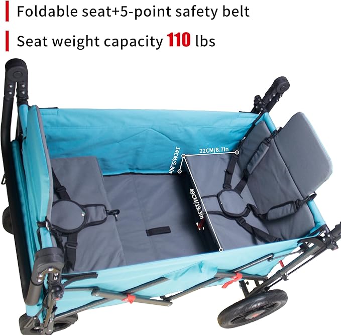 TMZ Foldable Wagon with Canopy, Collapsible Folding Wagon with Adjustable Handle Bar, Multi Functional Cart with Expansion Accessories, Front Expandable Transport Camping Wagon(Turquoise/Grey)