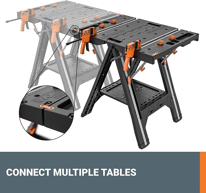 Worx Pegasus 2-in-1 Folding Work Table & Sawhorse, Easy Setup Portable Workbench, 31" W x 25" D x 32" H Lightweight Worktable with Heavy-Duty Load Capacity, WX051 - Includes 2 Clamps & 4 Clamp Dogs