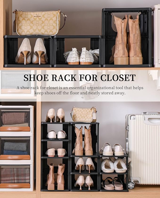 HAIXIN Adjustable 10 Tier Shoe Organizer - Narrow Plastic Vertical Shoe Rack for Closet, Entryway, Boots - Stackable Shoe Cabinet
