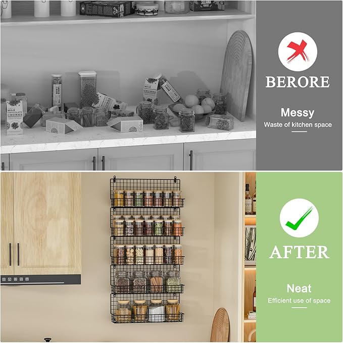 X-cosrack Spice Rack Wall Mount, 5 Tier Large Spice Rack Organizer for Efficient Storage, Height-Adjustable Hanging Spice Shelf for Kitchen and Pantry, Up to Storage 90 Jars(Patent No.:D909138S)