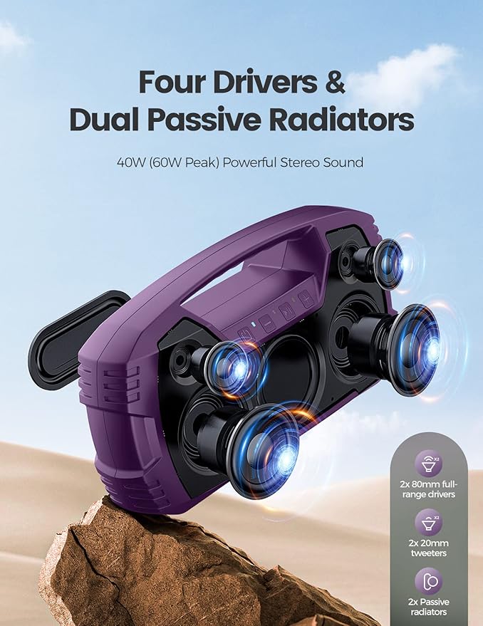 Houl Zallee IPX7 Waterproof Bluetooth Speaker, 40W Portable Wireless Speakers, 32H Playtime, Stereo Loud Sound, Deep Bass, with Handle, Bluetooth 5.0, Built-in Mic, for Party/Pool/Camping/Gifts