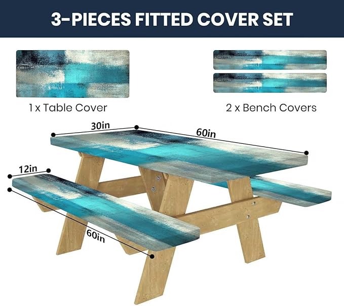 CAPSCEOLL Elastic Picnic Table Cover with Bench Covers 5Ft Waterproof Fitted Picnic Table Cover Cloths for Outdoors Camping Tablecloth with Drawstring Bag, 60X30in, Blue White
