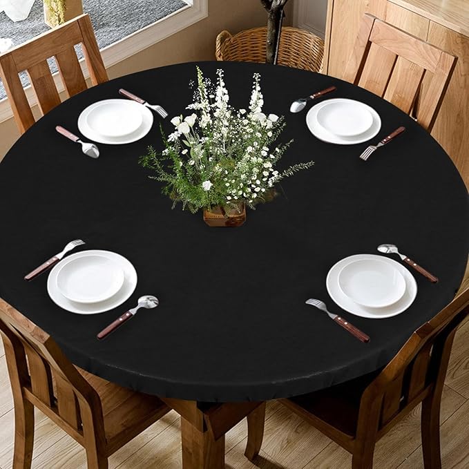 LUSHVIDA Round Waterproof Table Cover Elastic Vinyl Fitted Tablecloth Elastic Edged Plastic Table Cloth (Black, 2PCS Best for Up to 57"-68" Round)