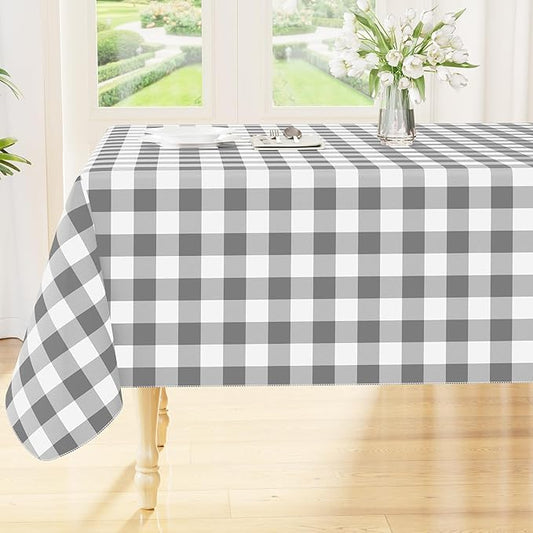 Smiry Rectangle Table Cloth, Waterproof Vinyl Tablecloth with Flannel Backing, Wipeable Buffalo Plaid Table Cover for Dining, Indoor and Outdoor (Grey & White, 54"x78")