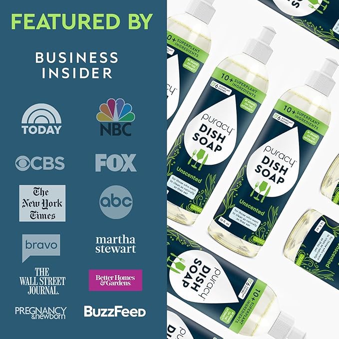 Puracy Natural Dish Soap Packs- Unscented Skin-Softening Plant-Based Dishwashing Soap, Non-Toxic Dish Soap, Fragance Free Organic Liquid Dishwashing Detergent Soap (Unscented, 16 fl oz, 3 Pack)