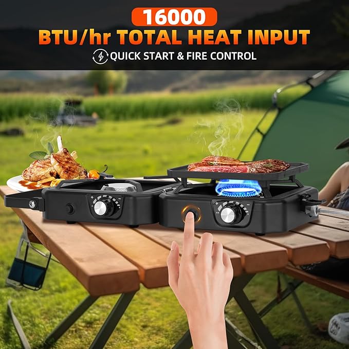 2 Burner Propane Stove Compatible with Propane Cylinders,2 Burner Camp Stove with Griddle and 16000 BTU Adjustable Burners,Portable Camping Stove Propane with Carry Bag and Handle for Camping (Black)