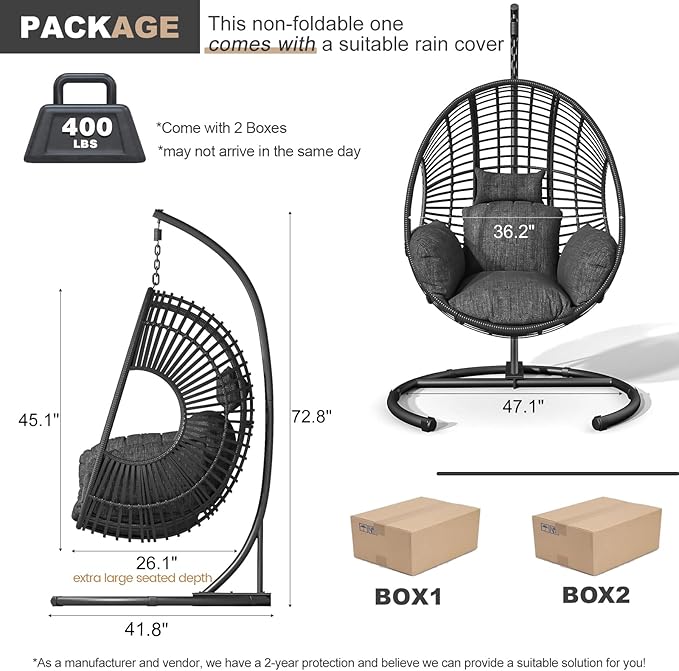 Oversized Hanging Egg Chair Outdoor Wicker Swing Chair with Stand Rain Cover UV Resistant Cushion 400lbs Capacity for Patio, Garden and Balcony