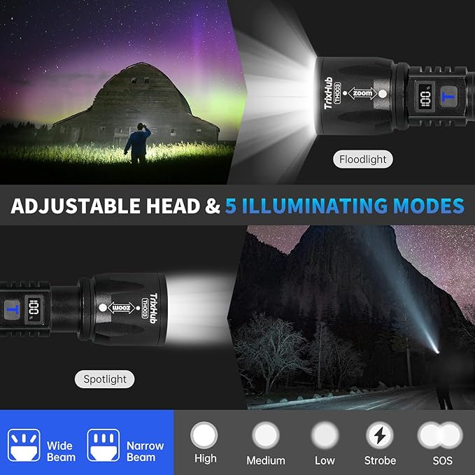 Rechargeable Flashlights 2 Pack, 9000LM Super Bright Flashlight High Lumens with LCD Digital Display, 5 Adjustable Mode Powerful Tactical Flashlight, Waterproof Flashlights for Home Camping Essentials