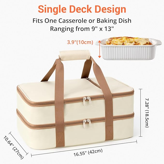 Double Insulated Casserole Carrier for Hot or Cold Food,Pie Carrier Bag Lunch Tote for Potluck Parties/Picnic/Cookouts, Fits 9"x13" Baking Dish, Beige
