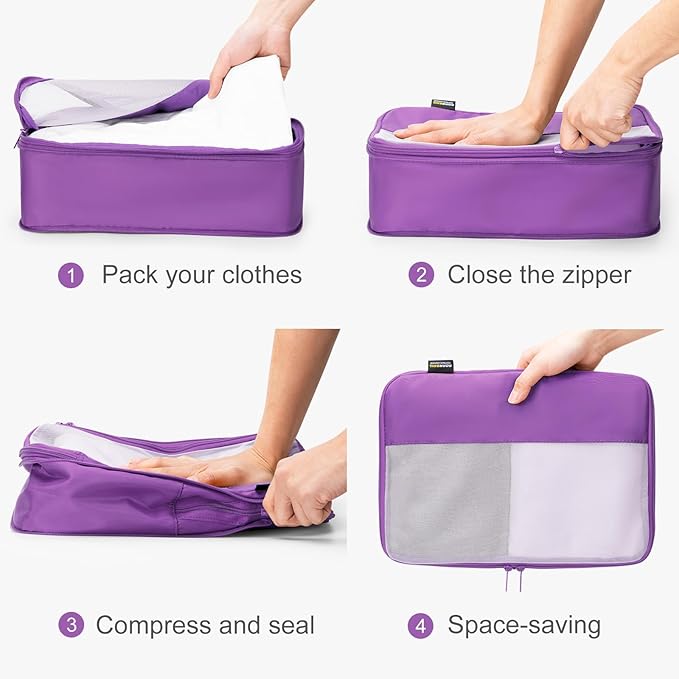 4 Set Compression Packing Cubes for Travel, Suitcases and Backpack Space Saving Organizers (Bright Purple)