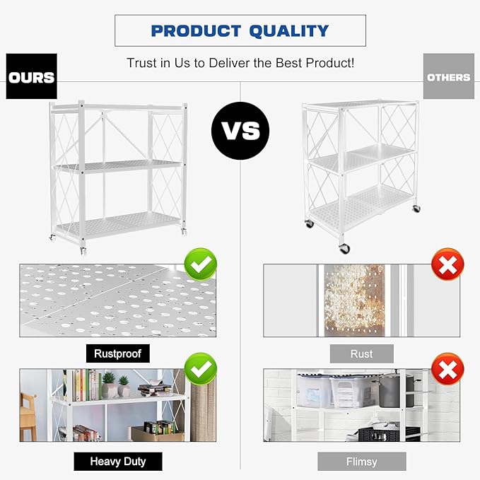 3-Tier Foldable Storage Shelf with Wheels - Metal Rack Collapsible Shelving Unit Display, Rolling Cart for Books Kitchen Storage Shelves, Pantry & Closet Organizer, Office Room Decor