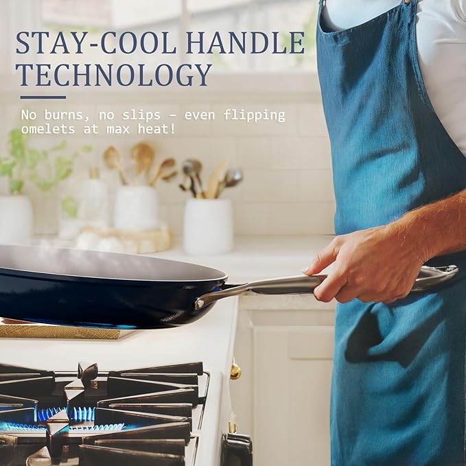 Nonstick Ceramic Frying Pan 10 Inch for Induction Cooktop - Non Toxic, PTFE/PFOA/PFAS Free, Oven & Dishwasher Safe up to 500°F - Non Stick Small Skillet with Stay-Cool Handle - Navy Blue