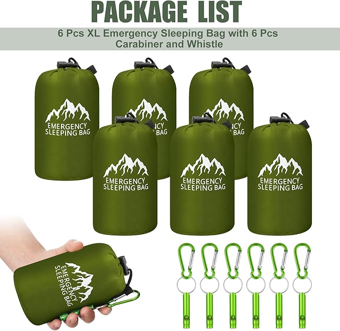 Oudain 6 Pcs XL Emergency Sleeping Bag 94.5" x 49.2" Waterproof Survival Sleeping Bag with Whistle Carabiner Portable Thermal Bivy Sack Emergency Blankets for Camping Hiking Outdoor