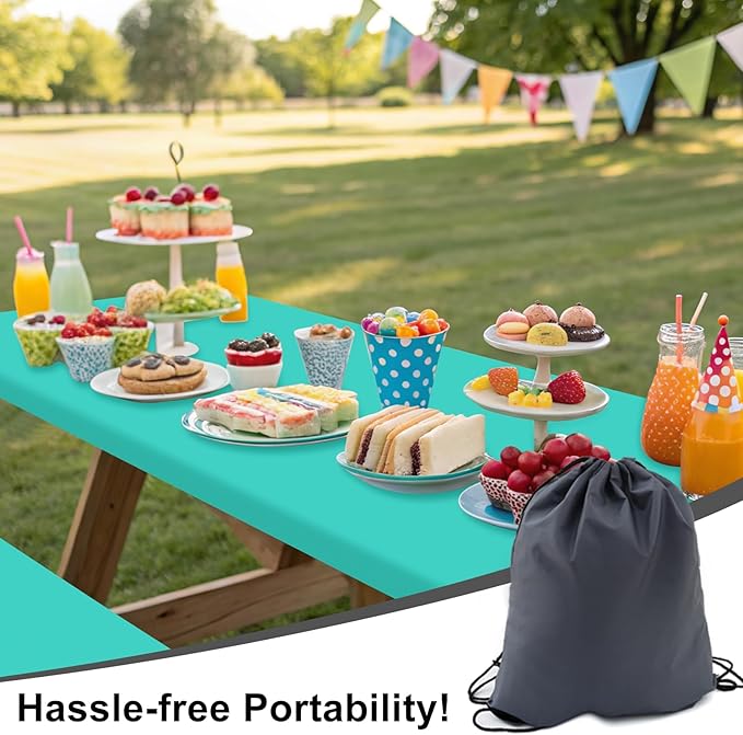 Smiry Picnic Table Cover with Bench Covers, Waterproof Elastic Fitted Polyester Tablecloths for 6 Ft Rectangle Tables, Washable Windproof Tablecloth for Camping, RV & Outdoor (Teal, 30x72 Inches)