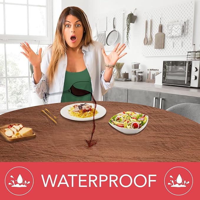 LAMINET ETWOD60-OAK Woodgrain Elastic Round Table Cover, Large Fits Up to 45"-56" Diameter, Large Fits Up to 45"-56" Diameter, Oak Wood