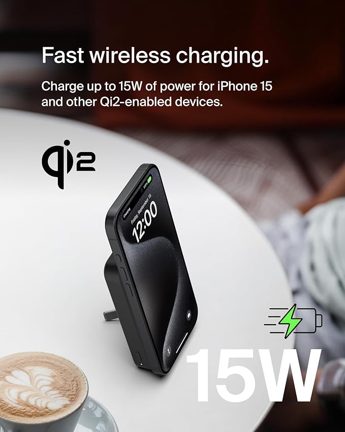Belkin Portable Charger, Wireless Power Bank 15W 8000 mAh w/ Qi2 - MagSafe Charger w/Built-in Pop-up Kickstand - Compatible w/iPhone 17, Air, Pro, Pro Max, Google Pixel 10, etc. - Black