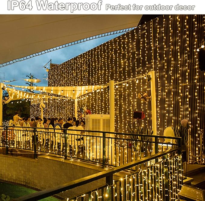 YEOLEH String Lights Curtain,7.9 x 5.9Ft 144LEDs USB Powered Fairy Lights for Bedroom Wall Decor,8 Modes & IP64 Waterproof Ideal for Outdoor Indoor Home Garden Party Holiday Halloween Room,Warm White
