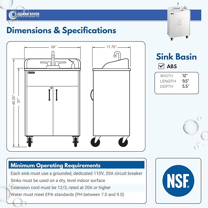 Ozark River Portable Sinks Premier Brite White, White Laminate-ABS Sink, Mobile Self Contained Sink, Mobile Hand Washing Station, Portable Sink with Hot Water, Portable Sink Hand Wash Station, 110V