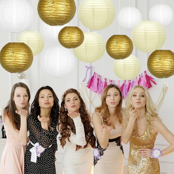 Chinese Paper Lanterns Decorative 15pcs Hanging Gold Paper Lanterns for Wedding Graduation Anniversary Birthday Party Decorations