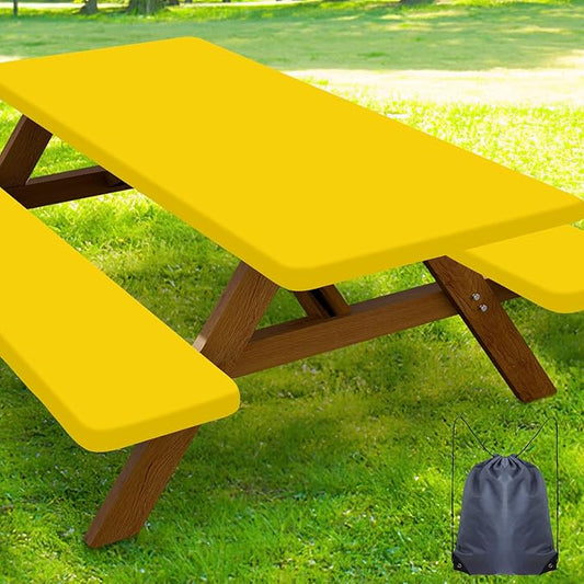 Smiry Picnic Table Cover with Bench Covers, Waterproof Elastic Fitted Polyester Tablecloths for 8 Ft Rectangle Tables, Washable Windproof Tablecloth for Camping, RV & Outdoor (Yellow, 30x96 Inches)