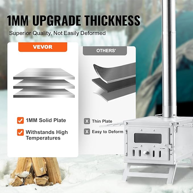 VEVOR Camping Wood Stove Stainless Steel Camping Tent Stove, Portable Wood Burning Stove with Chimney Pipes & Gloves, 700in³Firebox Hot Tent Stove for Outdoor Cooking and Heating with 8 Pipes