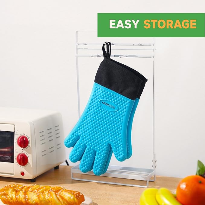 GEEKHOM BBQ Gloves, Grilling Gloves Heat Resistant Oven Gloves, Kitchen Silicone Oven Mitts, Long Waterproof Non-Slip Pot Holder for Barbecue, Cooking, Baking, Aqua Blue