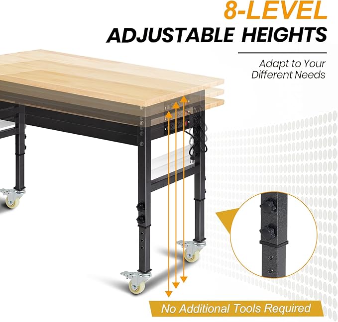 70'' Adjustable Workbench, Rubber Wood Top Work Bench Heavy-Duty Work Table with Socket, Wheels and Fixed Legs 2000 LBS Load Capacity Hardwood Sewing Table for Garage, Workshop, Home, Office