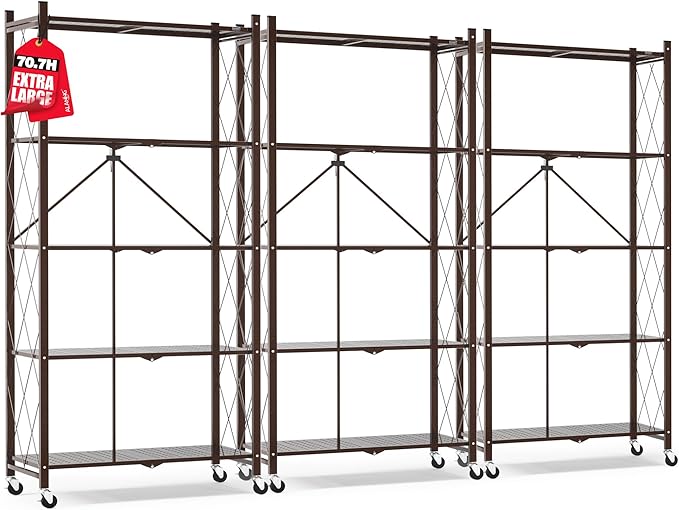 ALANNG 70.7" H Metal Storage Shelves, 5 Tier Folding Shelf on Wheels, Heavy Duty, No Assembly, Rolling, Collapsible Rack Unit for Kitchen, Basement, Pantry (Vintage Brown,3 Pack)