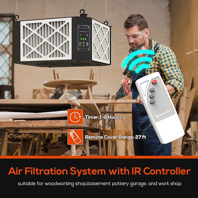 ABESTORM 360 Degree Intake Air Filtration System Woodworking 1350 CFM Hanging Air Filter with Strong Vortex Fan for Wood Workshop, Garage, Shop Dust Collectors, Up to 1700 sq. ft, DecDust 1350