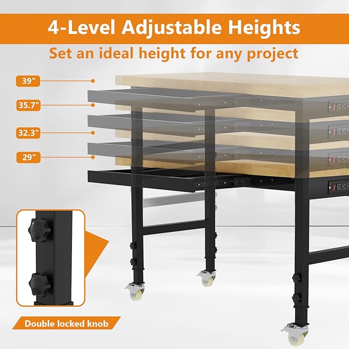 48" Work Bench with Drawers, Adjustable Height Workbench with Wheels, Heavy-Duty Work Table with Power Outlets, 2000 LBS Capacity Workstation for Garage, Workshop, Office, Home