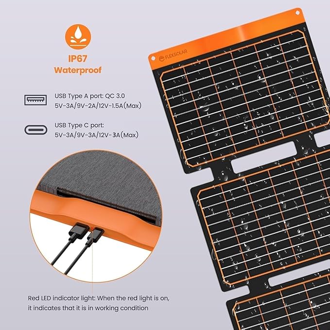 FlexSolar 40W Portable Solar Panel Folding Solar Panel with USB-C PD 18W,USB-A QC3.0 Ports, IP67 Waterproof ETFE Solar Charger for Traveling Camping Compatible with Phone iPad Power Banks
