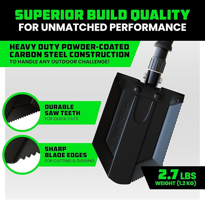 Rhino USA Survival Shovel w/Pick - Heavy Duty Carbon Steel Military Style Entrenching Tool for Off Road, Camping, Gardening, Beach, Digging Dirt, Sand, Mud & Snow. (Recovery Shovel)