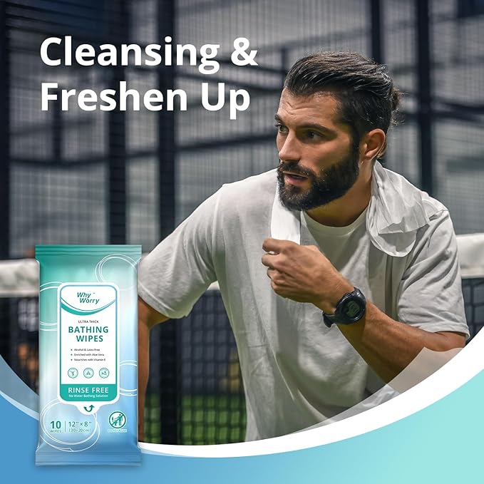 WhyWorry Ultra Thick Bathing Wipes for Adults Rinse Free, Large Body Cleansing Wipes with Aloe for Women, Men & Elderly, 8" x 12" Disposable Shower Washcloths for Gym & Camping, Fresh Scent, 50 Count