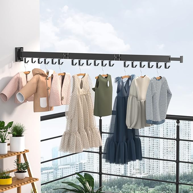 Wall Mounted Clothes Hanger Rack, Retractable Clothes Drying Rack Folding Indoor, Laundry Drying Rack, Space Saver Clothes Rack,Collapsible(Tri-Fold),with 18 J-Hooks Laundry Rack Black