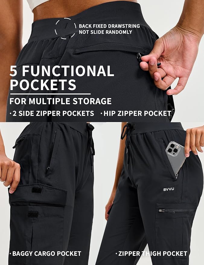 BVVU Women's Hiking Pants Lightweight Quick Dry Travel Outdoor Pants Waterproof Work Cargo Joggers with Zipper Pockets
