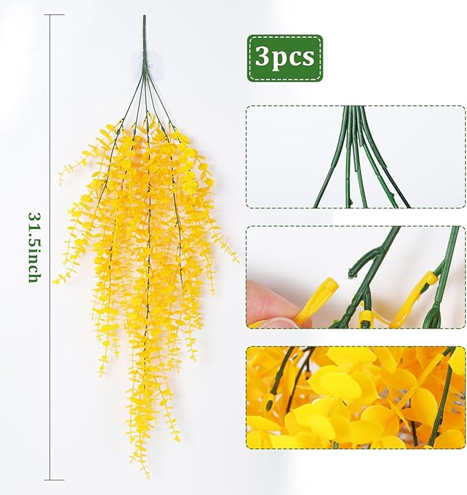 RECUTMS Aritificial Hanging Plant 3 Pack Fake Eucalyptus Leaves Faux Yellow Vine Plant Hanging for Indoor Home Room Wall Outdoor Garden Party Proch Wedding Backyard Arch Decoration(Pure Yellow)