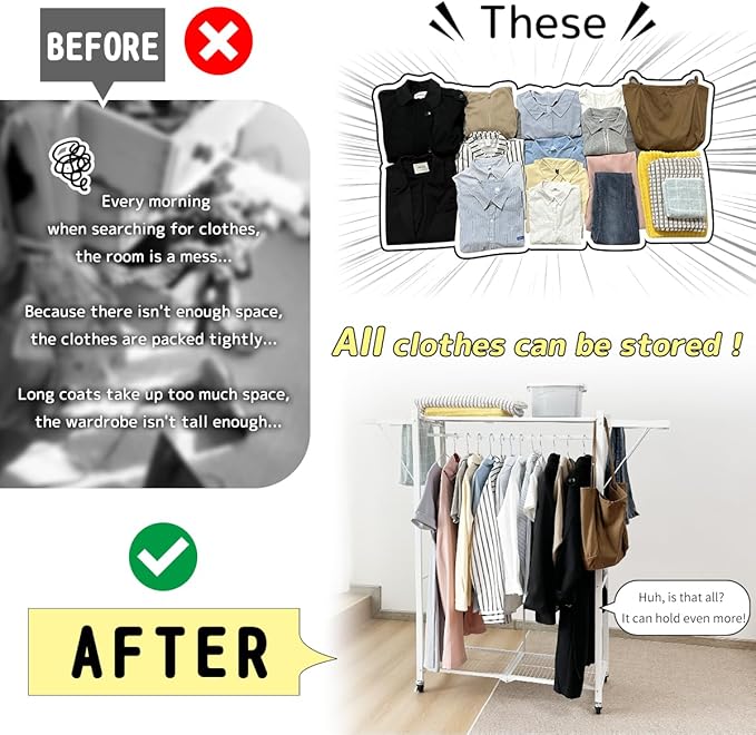 lumizone Folding Clothing Rack with Wheels Expandable Wardrobe Portable Clothes Rack for Hanging Clothes Adjustable Closet Shelves Garment Rack Durable Closet Racks for Hanging Clothes(White)