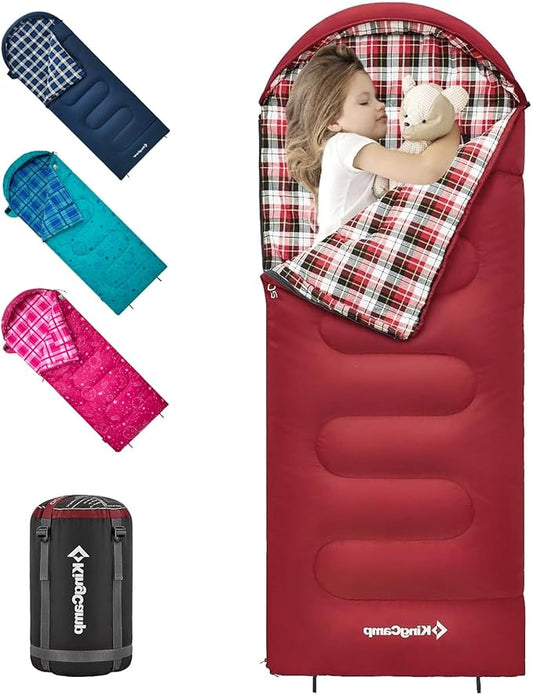 KingCamp 45° F Kids Sleeping Bag, Lightweight Waterproof & Compact Flannel Sleeping Bags Cold Weather & Warm Youth Essentials Gear Accessories for Camping, Fits 10-12 Children up to 5'5" Tall